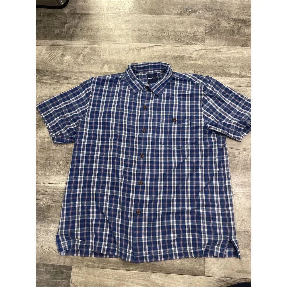 Tommy Bahama‎ Button Up Shirt Men's XL Silk Blend Blue Plaid Islandzone Hawaiian